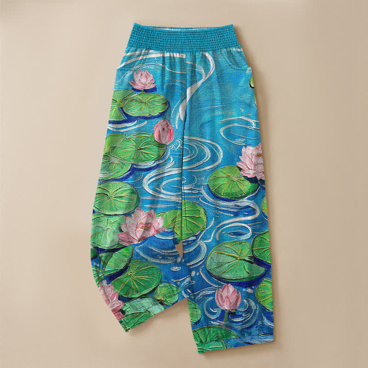 Buddha Stones Cotton Pink Lotus Pond Pattern Pleated Elastic Waist Women's Harem Pants With Pockets - image 3