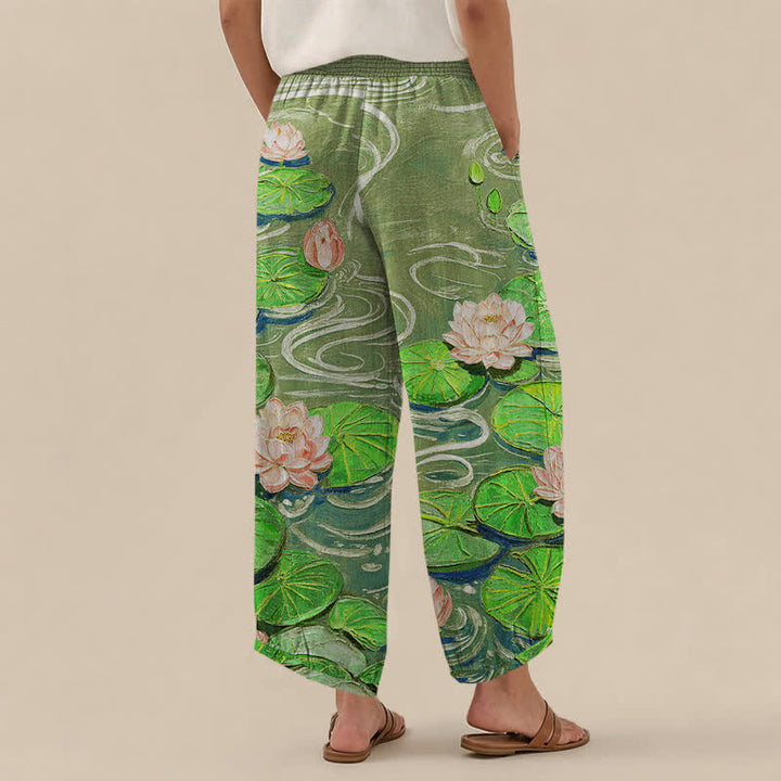 Buddha Stones Cotton Pink Lotus Pond Pattern Pleated Elastic Waist Women's Harem Pants With Pockets - image 8