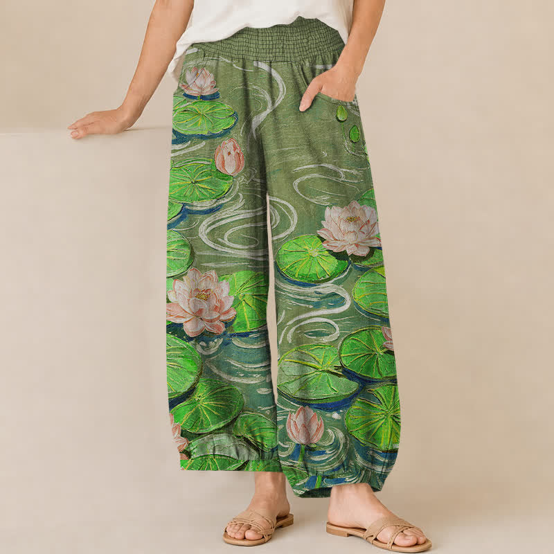 Buddha Stones Cotton Pink Lotus Pond Pattern Pleated Elastic Waist Women's Harem Pants With Pockets - DarkOliveGreen - US16，UK/AU20，EU48 (3XL) - image 6