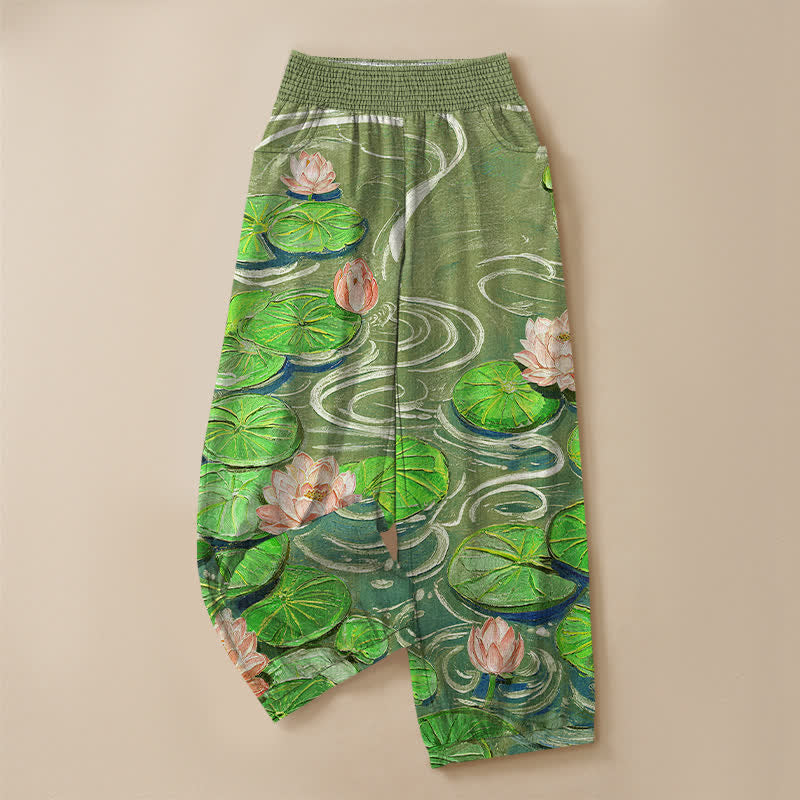 Buddha Stones Cotton Pink Lotus Pond Pattern Pleated Elastic Waist Women's Harem Pants With Pockets - image 9