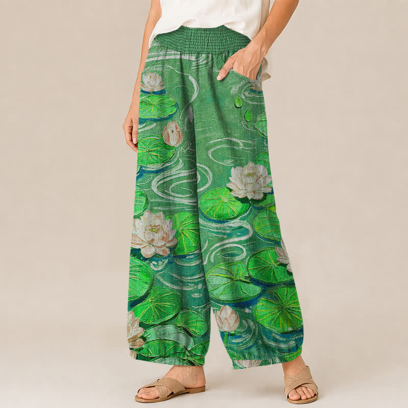 Buddha Stones Cotton Pink Lotus Pond Pattern Pleated Elastic Waist Women's Harem Pants With Pockets - image 11