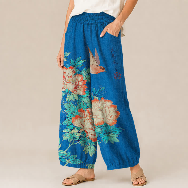 Buddha Stones Cotton Red Peony Bird Calligraphy Pattern Pleated Elastic Waist Women's Harem Pants With Pockets - image 1