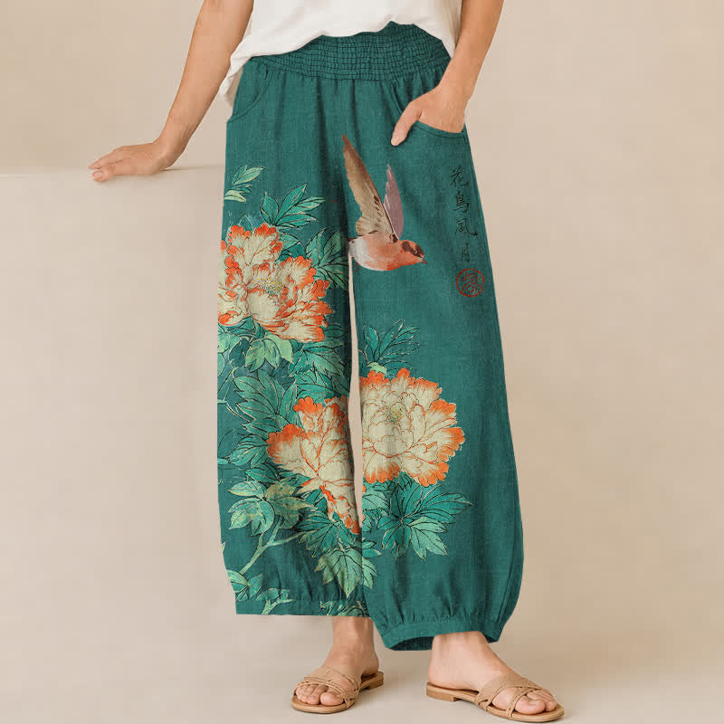 Buddha Stones Cotton Red Peony Bird Calligraphy Pattern Pleated Elastic Waist Women's Harem Pants With Pockets - SeaGreen - US16，UK/AU20，EU48 (3XL) - image 10
