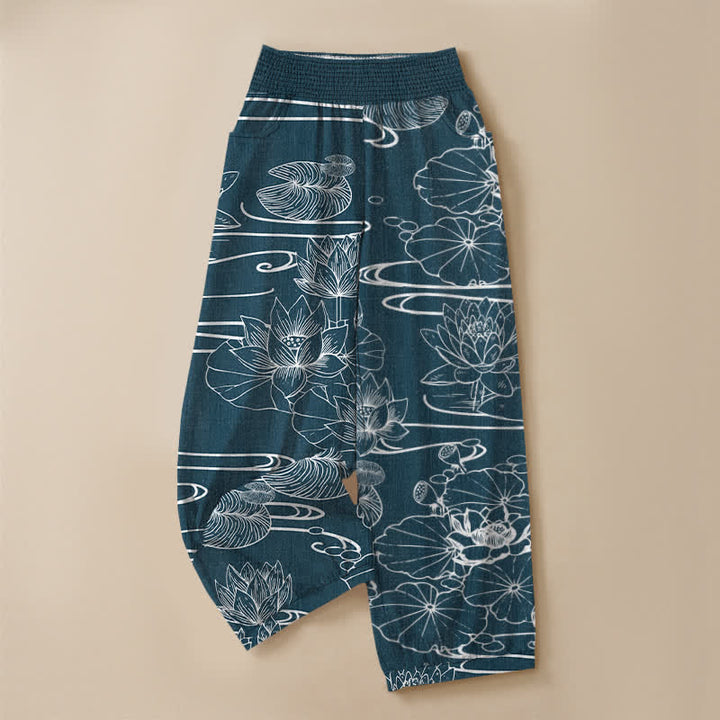 Buddha Stones Cotton Lotus Leaf Ink Pattern Pleated Elastic Waist Women's Harem Pants With Pockets - image 3