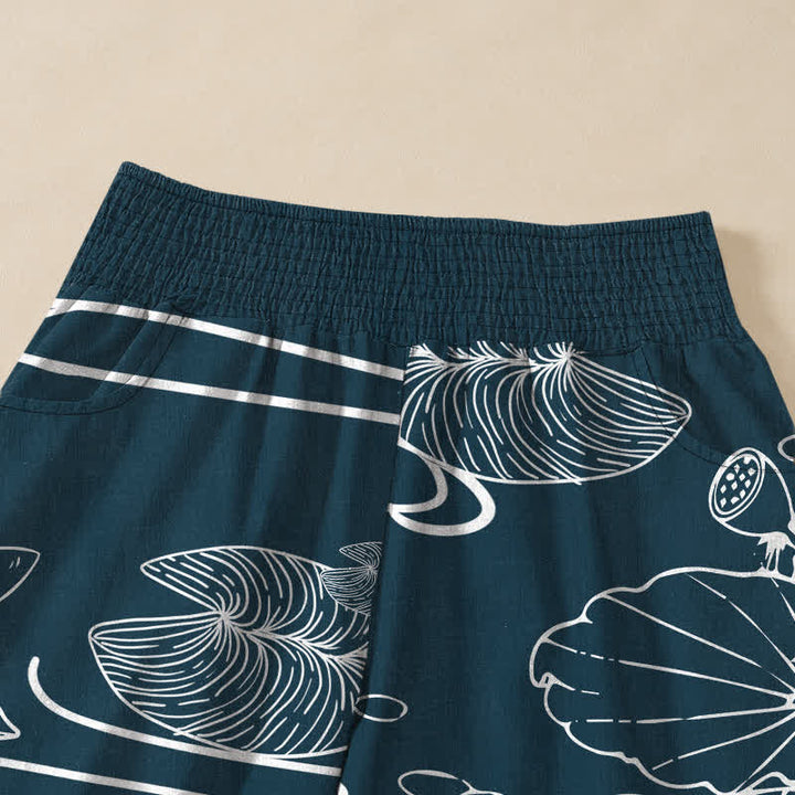 Buddha Stones Cotton Lotus Leaf Ink Pattern Pleated Elastic Waist Women's Harem Pants With Pockets - image 4