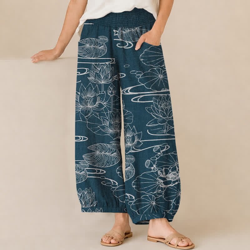 Buddha Stones Cotton Lotus Leaf Ink Pattern Pleated Elastic Waist Women's Harem Pants With Pockets - MidnightBlue - US16，UK/AU20，EU48 (3XL) - image 0