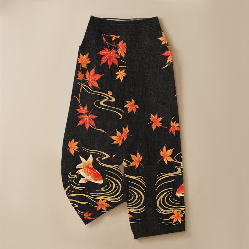 Buddha Stones Cotton Koi Fish Red Maple Wave Pattern Pleated Elastic Waist Women's Harem Pants With Pockets - image 3