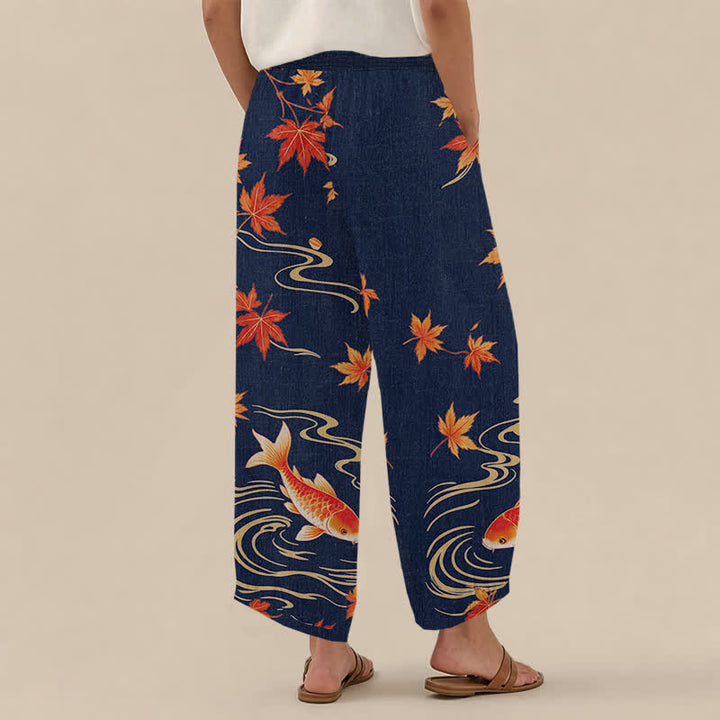 Buddha Stones Cotton Koi Fish Red Maple Wave Pattern Pleated Elastic Waist Women's Harem Pants With Pockets - image 8