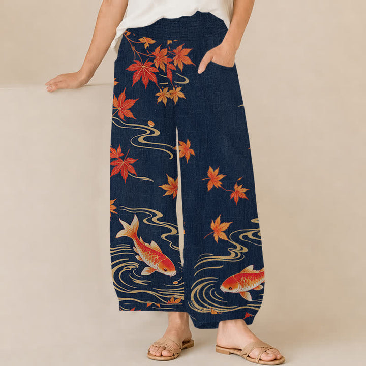 Buddha Stones Cotton Koi Fish Red Maple Wave Pattern Pleated Elastic Waist Women's Harem Pants With Pockets - Navy - US16，UK/AU20，EU48 (3XL) - image 6