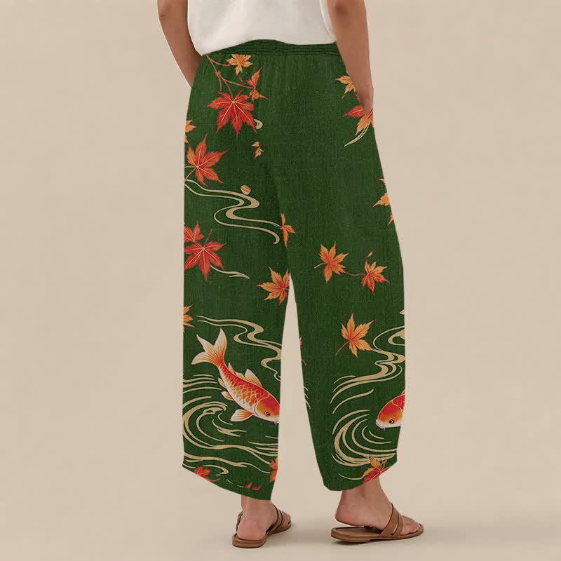 Buddha Stones Cotton Koi Fish Red Maple Wave Pattern Pleated Elastic Waist Women's Harem Pants With Pockets - image 14