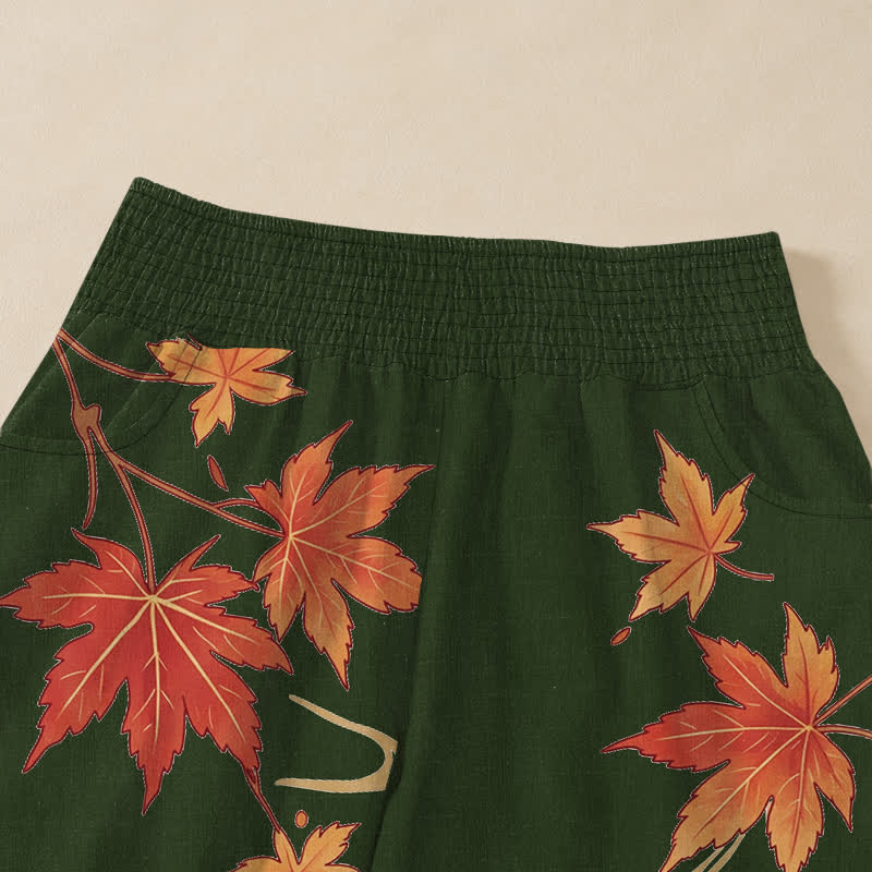 Buddha Stones Cotton Koi Fish Red Maple Wave Pattern Pleated Elastic Waist Women's Harem Pants With Pockets - image 16