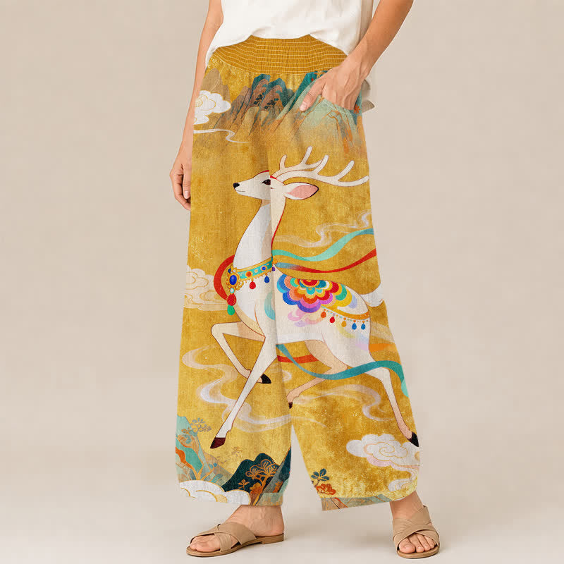 Buddha Stones Cotton Auspicious Deer Cloud Floral Pattern Pleated Elastic Waist Women's Harem Pants With Pockets - image 1