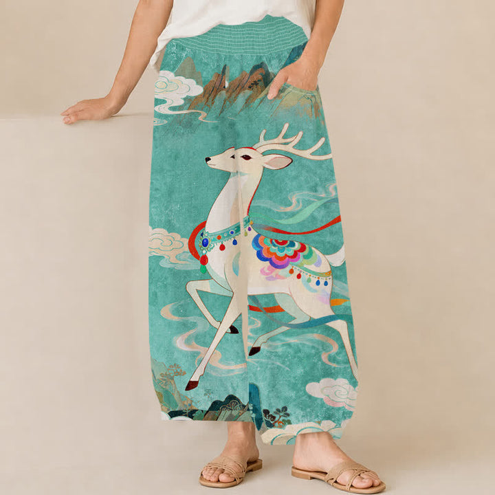 Buddha Stones Cotton Auspicious Deer Cloud Floral Pattern Pleated Elastic Waist Women's Harem Pants With Pockets - Turquoise - US16，UK/AU20，EU48 (3XL) - image 12