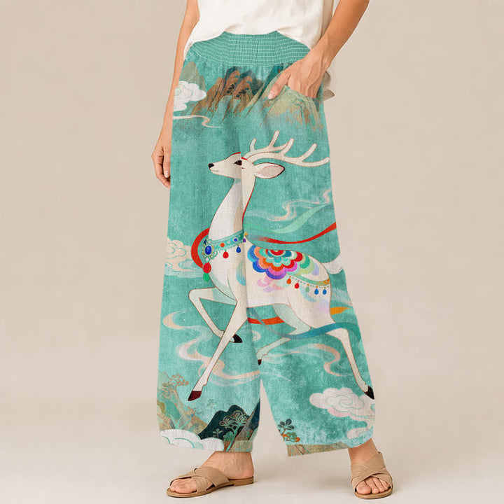 Buddha Stones Cotton Auspicious Deer Cloud Floral Pattern Pleated Elastic Waist Women's Harem Pants With Pockets - image 13