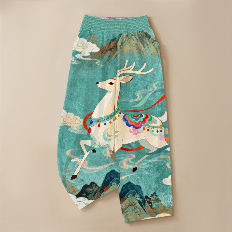 Buddha Stones Cotton Auspicious Deer Cloud Floral Pattern Pleated Elastic Waist Women's Harem Pants With Pockets - image 15