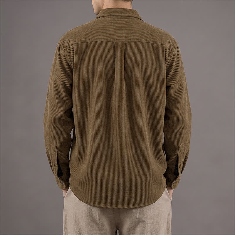 Buddha Stones Fall Winter Casual Vintage Solid Corduroy Men's Long Sleeve Shirts With Chest Patch Pocket - image 1