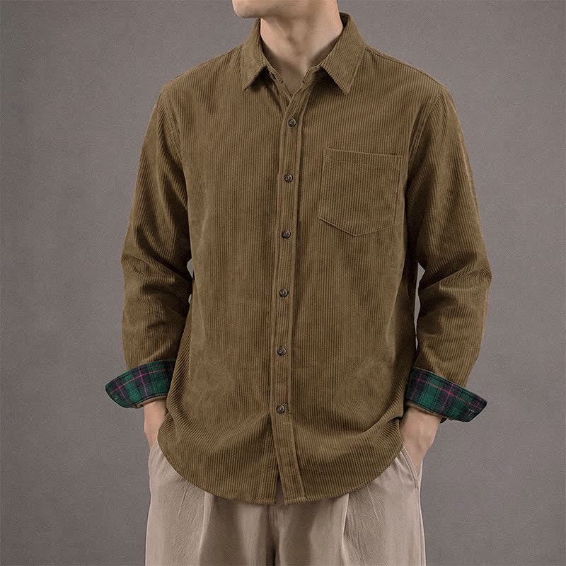 Buddha Stones Fall Winter Casual Vintage Solid Corduroy Men's Long Sleeve Shirts With Chest Patch Pocket - DarkGoldenrod - US/UK/AU44, EU54 (3XL) - image 0