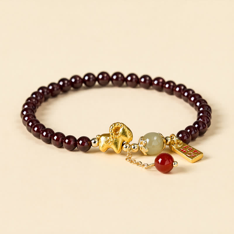 Buddha Stones Year of the Goat Garnet Cute Sheep Lamb Fu Character Coins Protection Bracelet - One Copper Coin(Wrist Circumference: 5.9-6.3  in / 15-16cm) - image 0