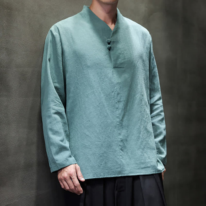 Buddha Stones Spring Fall Casual Tang Style Mandarin Collar Solid Cotton Linen Men's Long Sleeve Shirts - image 1