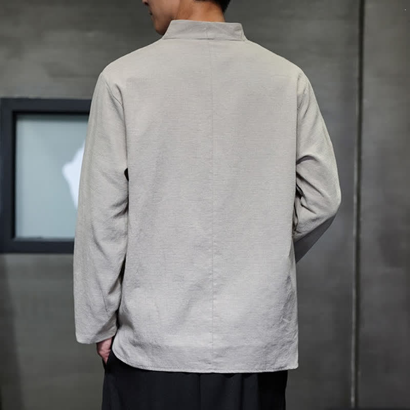 Buddha Stones Spring Fall Casual Tang Style Mandarin Collar Solid Cotton Linen Men's Long Sleeve Shirts - image 11