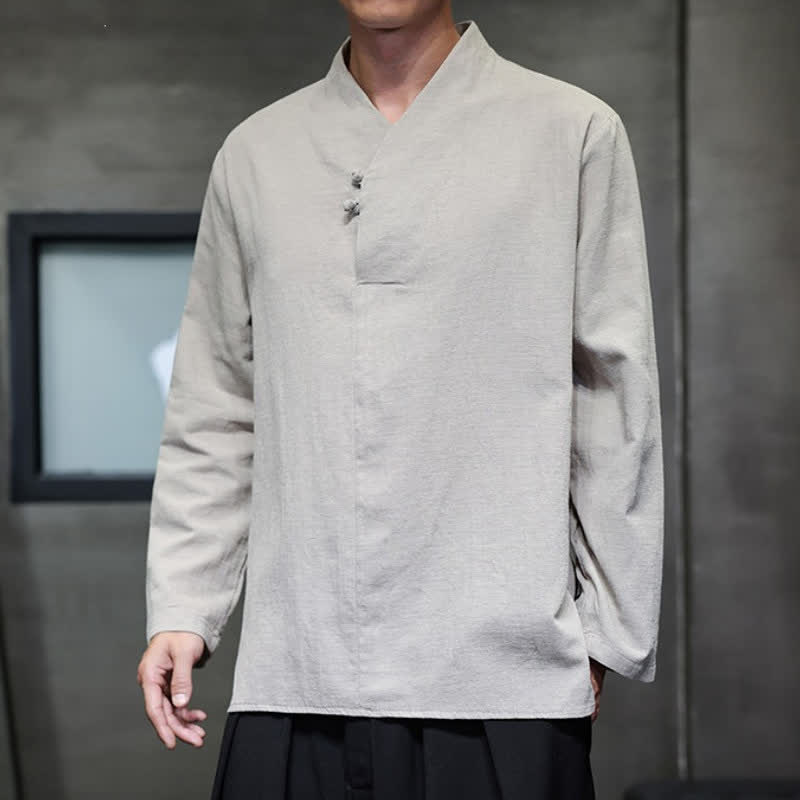 Buddha Stones Spring Fall Casual Tang Style Mandarin Collar Solid Cotton Linen Men's Long Sleeve Shirts - image 9
