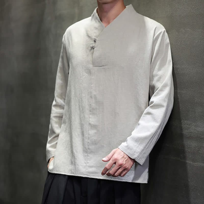 Buddha Stones Spring Fall Casual Tang Style Mandarin Collar Solid Cotton Linen Men's Long Sleeve Shirts - image 13