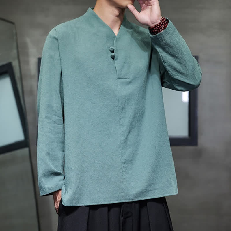 Buddha Stones Spring Fall Casual Tang Style Mandarin Collar Solid Cotton Linen Men's Long Sleeve Shirts - image 3