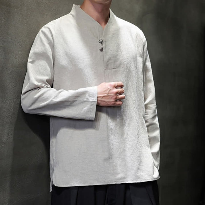 Buddha Stones Spring Fall Casual Tang Style Mandarin Collar Solid Cotton Linen Men's Long Sleeve Shirts - image 8