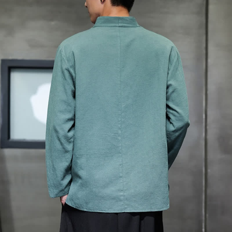 Buddha Stones Spring Fall Casual Tang Style Mandarin Collar Solid Cotton Linen Men's Long Sleeve Shirts - image 4