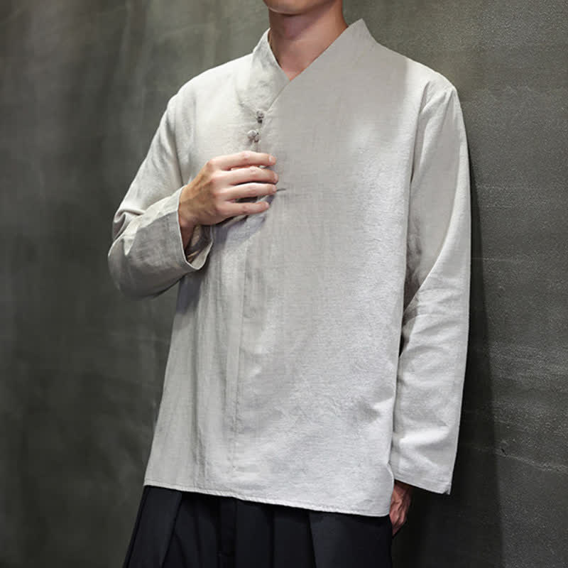 Buddha Stones Spring Fall Casual Tang Style Mandarin Collar Solid Cotton Linen Men's Long Sleeve Shirts - image 10