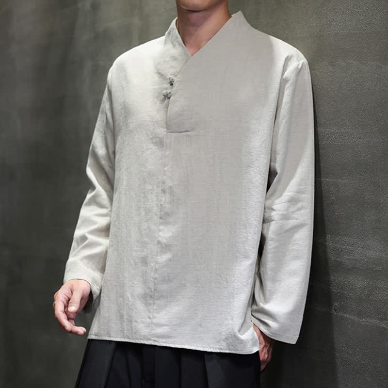 Buddha Stones Spring Fall Casual Tang Style Mandarin Collar Solid Cotton Linen Men's Long Sleeve Shirts - image 12