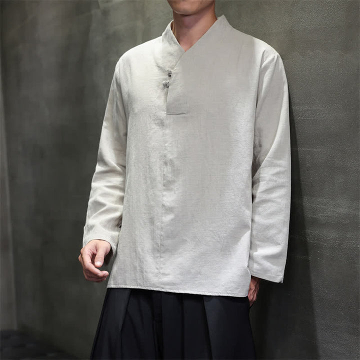 Buddha Stones Spring Fall Casual Tang Style Mandarin Collar Solid Cotton Linen Men's Long Sleeve Shirts - LightGray - US/UK/AU46，EU56 (5XL) - image 7