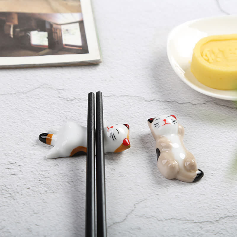 Buddha Stones Ceramic Joyful Cat Style Chopstick Holder - image 5