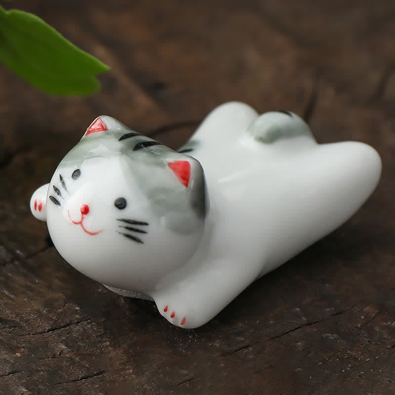 Buddha Stones Hand-Painted Small Cute Cat Ceramic Chopstick Holder - Gray Approx. 5.1 × 3.1 × 2.5 cm - image 2