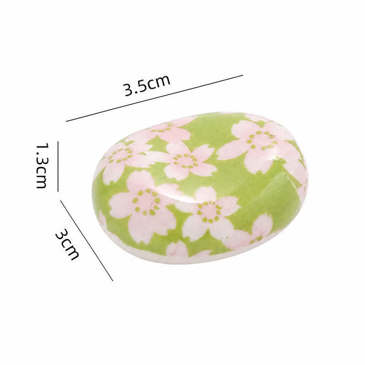 Buddha Stones Ceramic Floral Pattern Oval Broad Bean Chopstick Holder - Green Cherry Blossom Approx. 3.5 × 3.0 × 1.3 cm - Ceramic - image 5