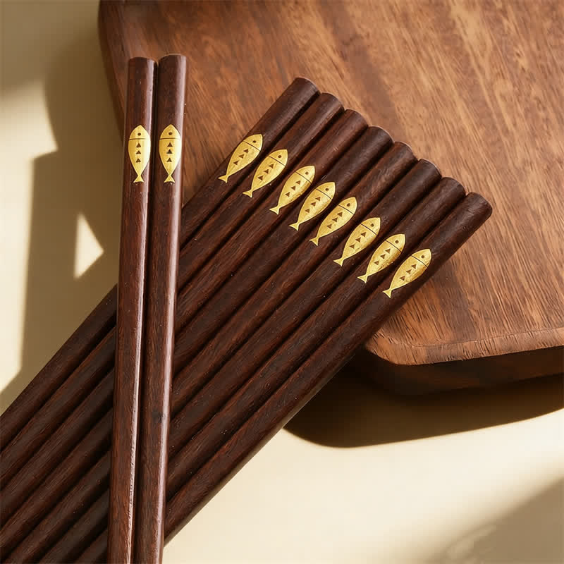 Buddha Stones Natural Bamboo Gold Koi Fish Design Daily Use Chopsticks - Gold Fish Chopsticks - 10 Pairs - image 1