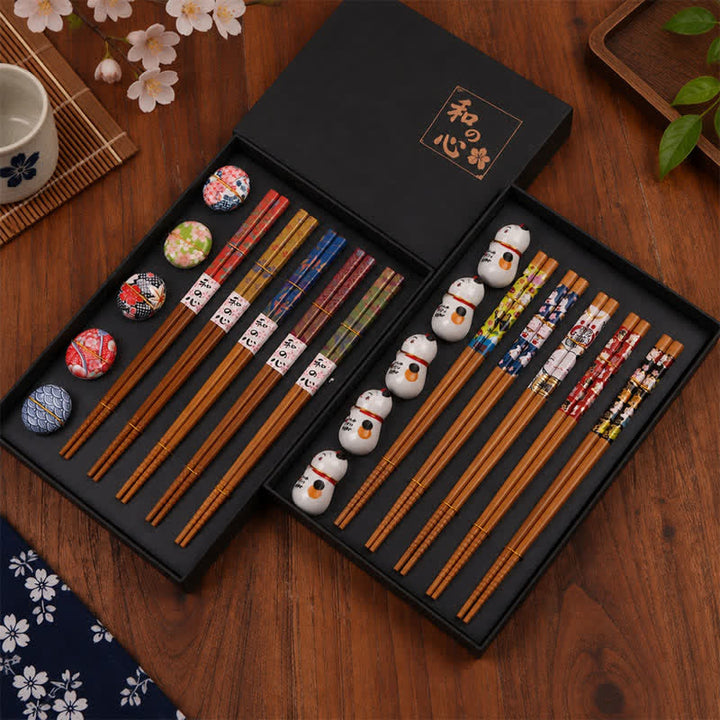Buddha Stones 5 Pair of Multicolor Floral Bamboo Wood Gift Set Chopsticks With 5Pcs Ceramic Holders - image 7