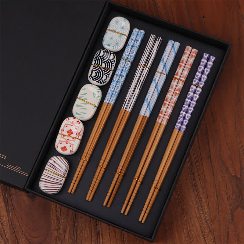 Buddha Stones 5 Pair of Multicolor Floral Bamboo Wood Gift Set Chopsticks With 5Pcs Ceramic Holders - Bamboo Chopsticks+Ceramic Rests (Multicolored Geometric Pattern) - image 3