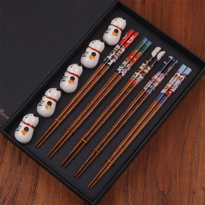 Buddha Stones 5 Pair of Multicolor Floral Bamboo Wood Gift Set Chopsticks With 5Pcs Ceramic Holders - Wenge Wood Chopsticks+Ceramic Rests (Lucky Cat Pattern) - image 4
