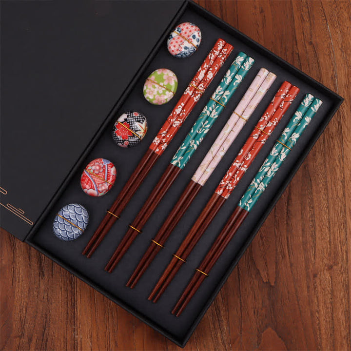 Buddha Stones 5 Pair of Multicolor Floral Bamboo Wood Gift Set Chopsticks With 5Pcs Ceramic Holders - Wooden Chopsticks+Ceramic Rests (Crane Orchid Plum Blossom Pattern) - image 5