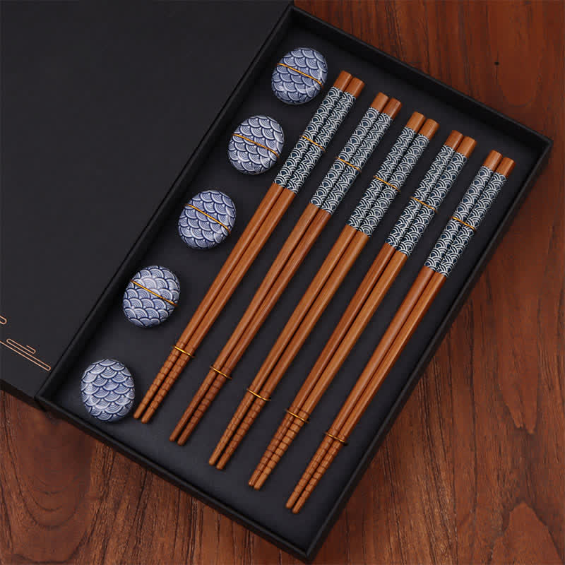 Buddha Stones 5 Pair of Multicolor Floral Bamboo Wood Gift Set Chopsticks With 5Pcs Ceramic Holders - Bamboo Chopsticks+Ceramic Rests (Wave Pattern) - image 2