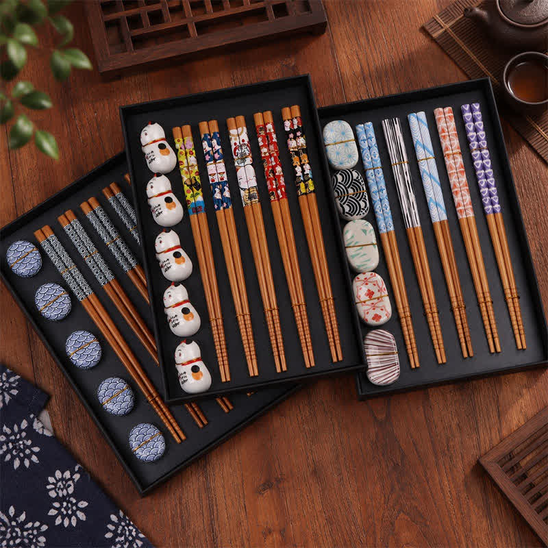Buddha Stones 5 Pair of Multicolor Floral Bamboo Wood Gift Set Chopsticks With 5Pcs Ceramic Holders - image 8