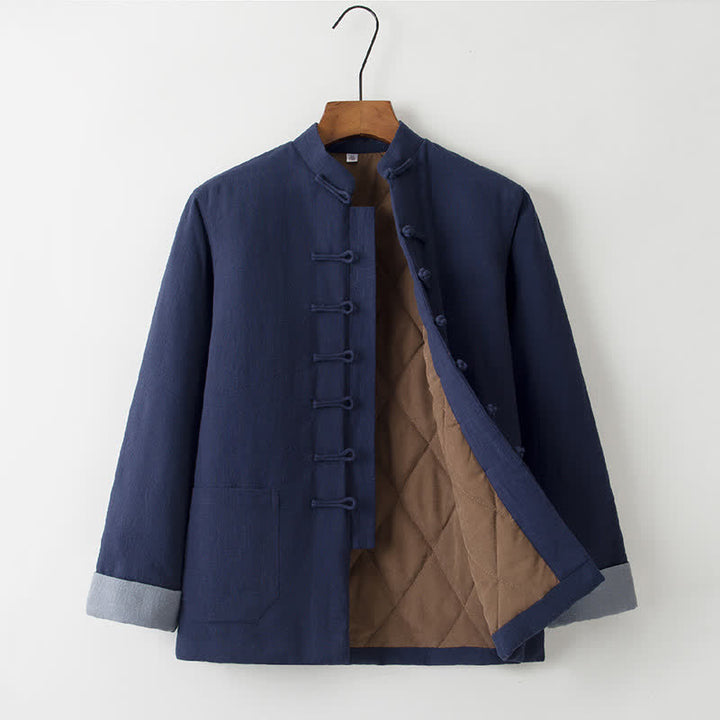 Buddha Stones Fall Winter Casual Tang Style Mandarin Collar Frog Button Solid Thickened Men's Jacket With Pockets - MidnightBlue - US/UK/AU44，EU54 (4XL) - image 0