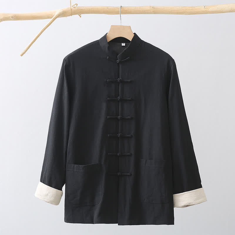 Buddha Stones Fall Casual Tang Style Mandarin Collar Frog Button Solid Fleece-lined Cotton Linen Men's Jacket With Pocket - image 14