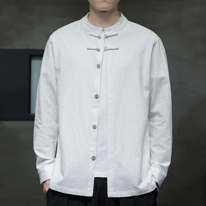 Buddha Stones Spring Tang Style Minimalist Frog Button Solid Men's Long Sleeve Shirts - image 4
