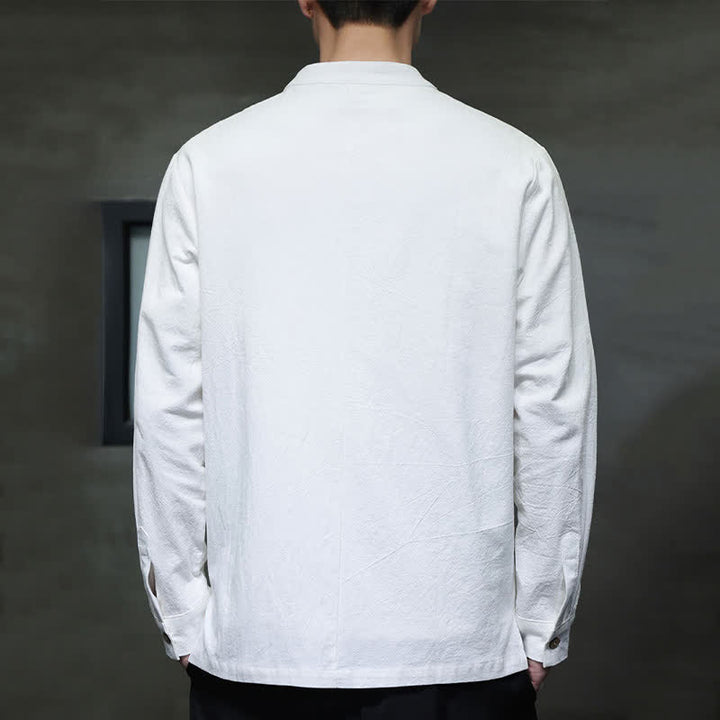 Buddha Stones Spring Tang Style Minimalist Frog Button Solid Men's Long Sleeve Shirts - image 3
