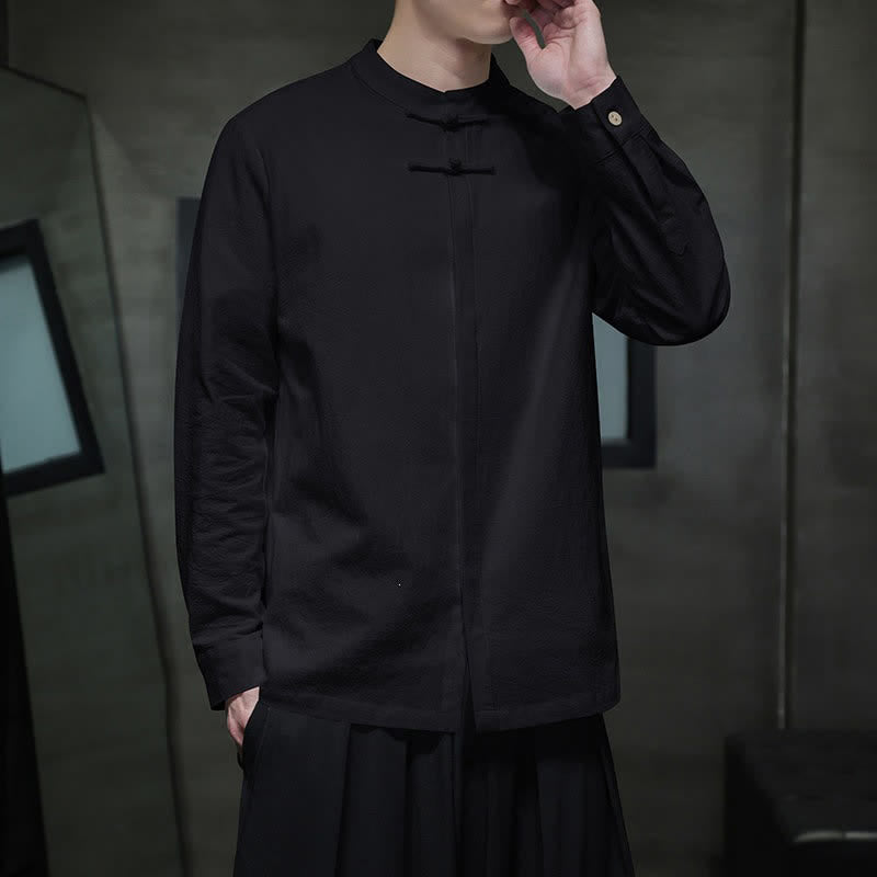 Buddha Stones Spring Tang Style Minimalist Frog Button Solid Men's Long Sleeve Shirts - image 17