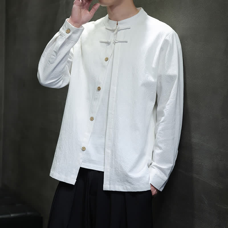 Buddha Stones Spring Tang Style Minimalist Frog Button Solid Men's Long Sleeve Shirts - image 8