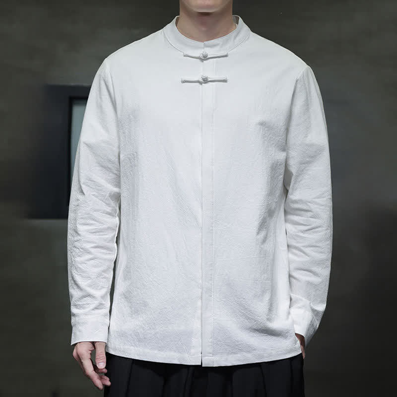 Buddha Stones Spring Tang Style Minimalist Frog Button Solid Men's Long Sleeve Shirts - image 1