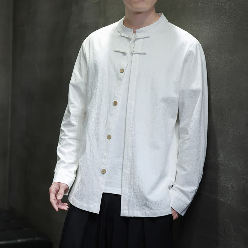 Buddha Stones Spring Tang Style Minimalist Frog Button Solid Men's Long Sleeve Shirts - White - US/UK/AU46，EU56 (5XL) - image 0
